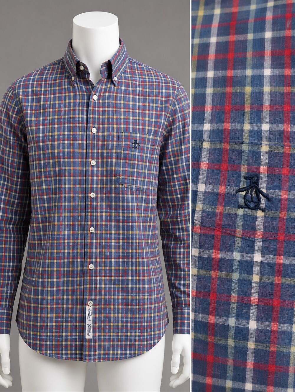 Original Penguin Men’s Blue Plaid Button-Down Shirt with Red & Green Accents